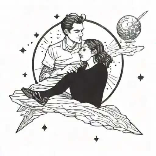A Blackwork Tattoo Of A Father And Daughter Stargazing Together