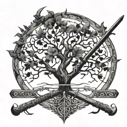 An Intricate Design Combining A Family Tree With Swords And Arabic Symbols