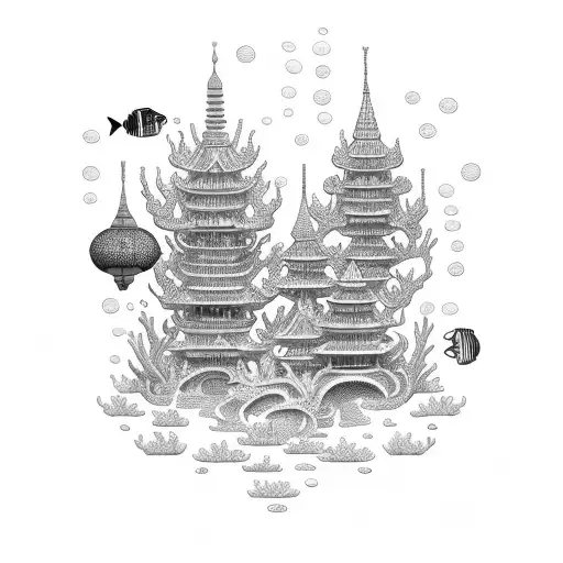 Underwater Cityscape With Intricate Coral Reefs And Asian Architecture
