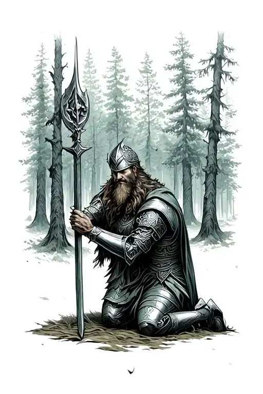 Sir Gawain Knight Kneeling Before The Green Knight With Forest Background Tattoo