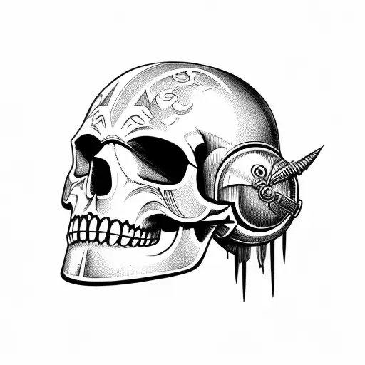 Warrior Skull With Helmet Under A Thunderstorm Tattoo