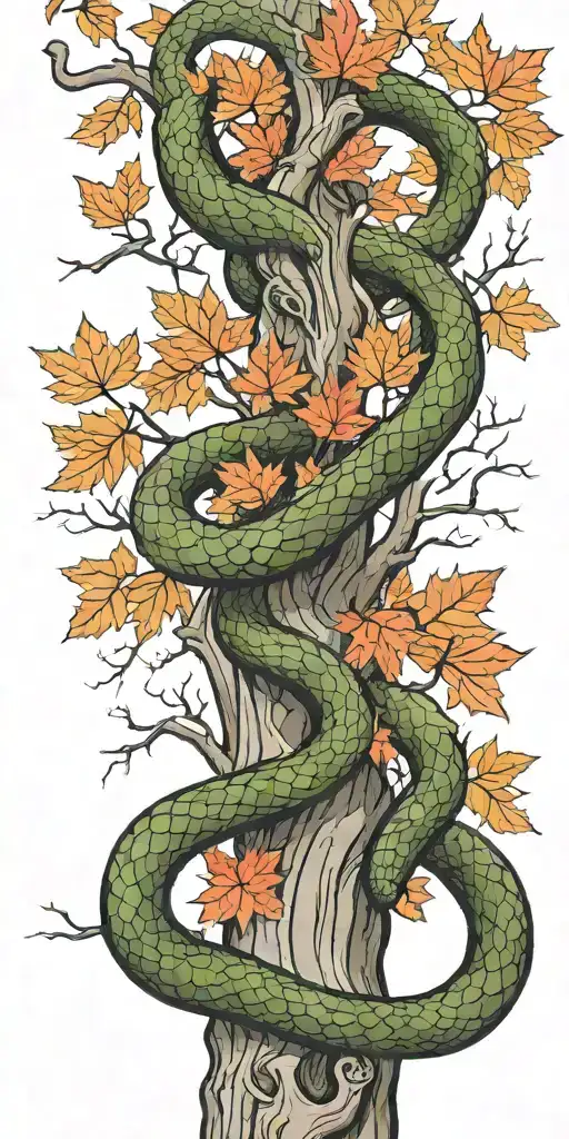 Tree Trunk With Olive Green Cobra Coiling Around It With Red Maple Leaves With Color