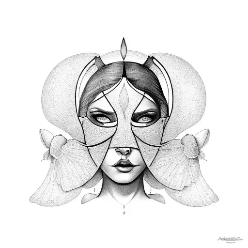 Woman Face Covered With A Lunar Moth Like A Mask With A Crescent Moon Over Her