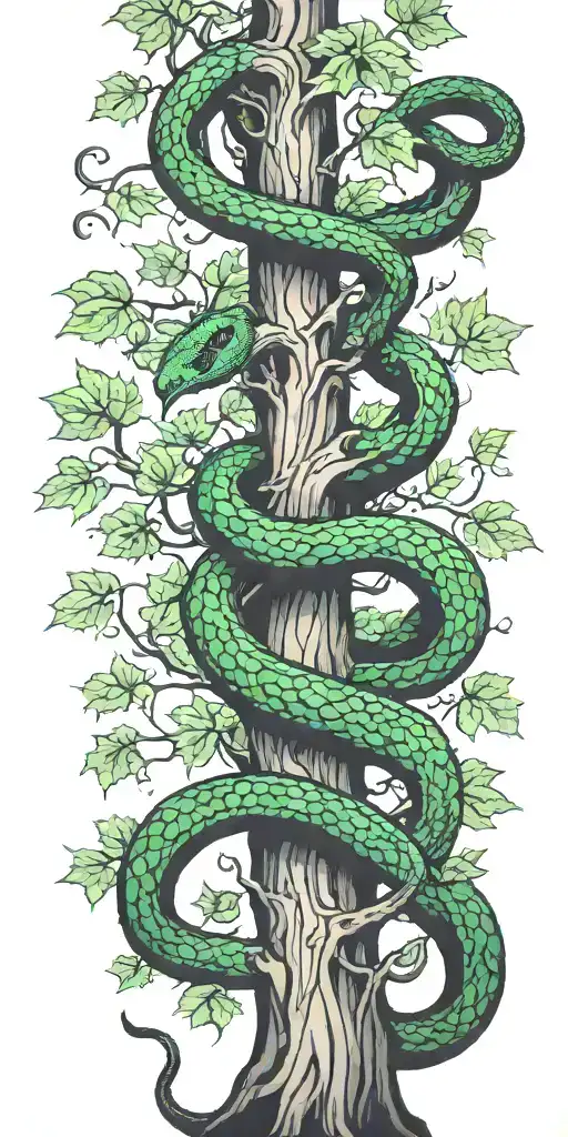 Tree Trunk With Cobra Coiling Around It With Green Maple Leaves With Color