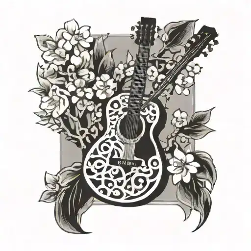A Guitar With Intricate Musical Notes Intertwined With Cherry Blossom Branches