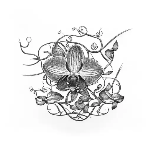 An Intricate Blackwork Tattoo Of An Orchid Surrounded By Intertwining Vines And Leaves