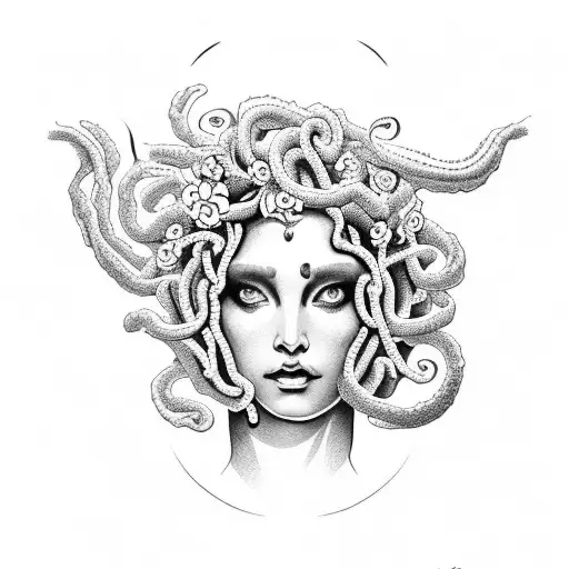 Beautiful Medusa With Flowers Black Tears And A Moon