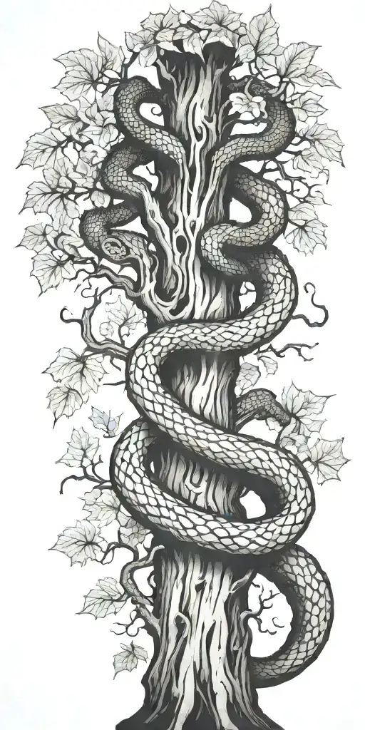 Tree Trunk With Cobra Coiling Around It With Maple Leaves
