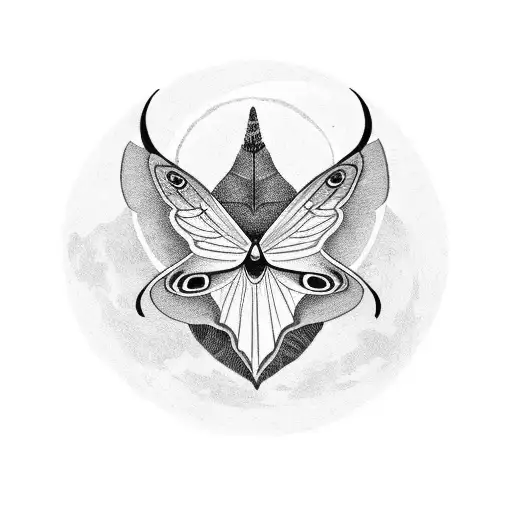 Lad Face Covered With A Lunar Moth Like A Mask With A Crescent Moon Over Her