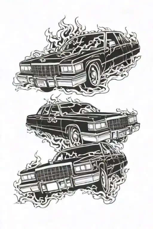 A Black 1989 Cadillac Deville In Flames