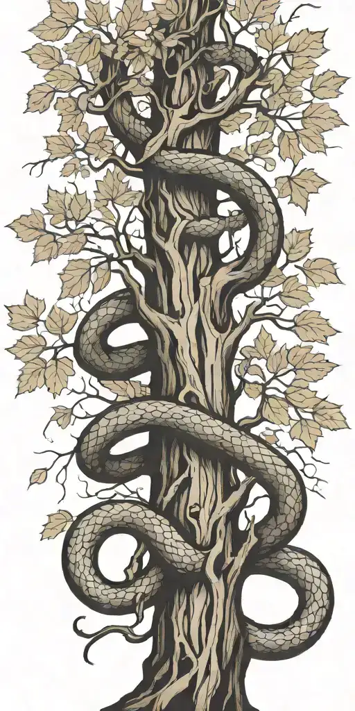 Tree Trunk With Cobra Coiling Around It With Maple Leaves
