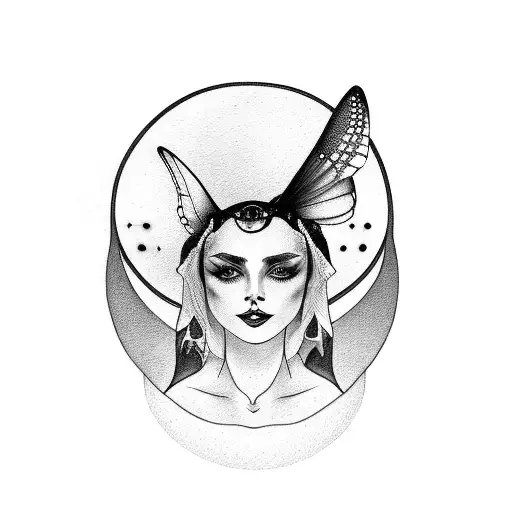 Lady Face Covered With A Lunar Moth With A Crescent Moon Over Her