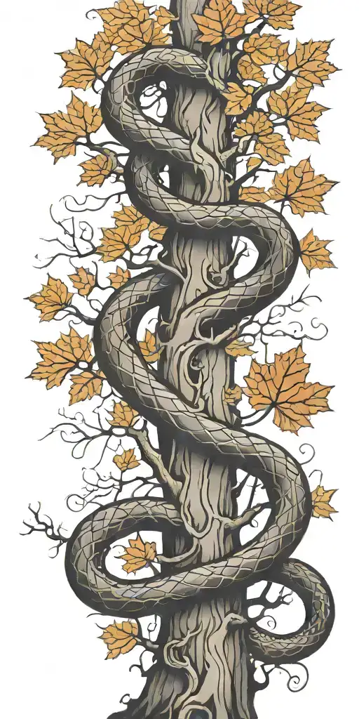 Tree Trunk With Cobra Coiling Around It With Maple Leaves