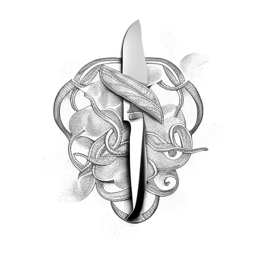 A Chef's Knife Intertwined With A Vine Of Herbs And Spices