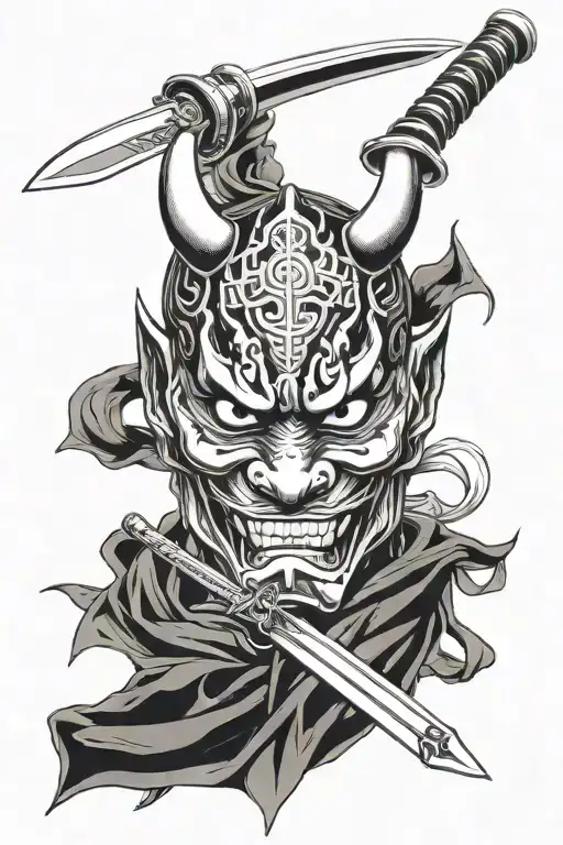 Hannya Mask With Katana Swords Drawn