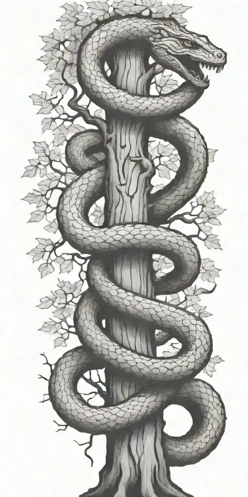 Tree Trunk With Cobra Coiling Around It With Maple Leaves