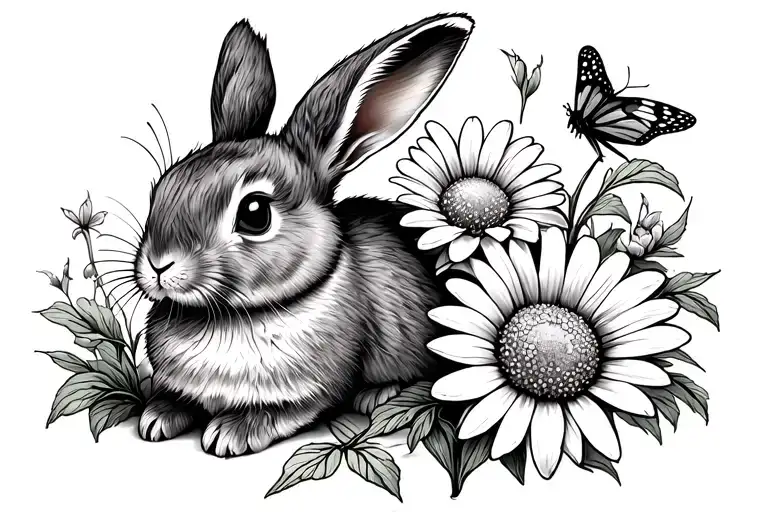 Bunny Rabit And Daisy Flower Growing Together With A Butterfly On The Flower Stem