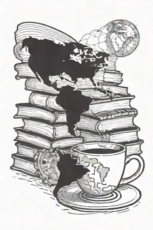 A Coffee Cup Morphing Into A Stack Of Books With A World Map In The Background