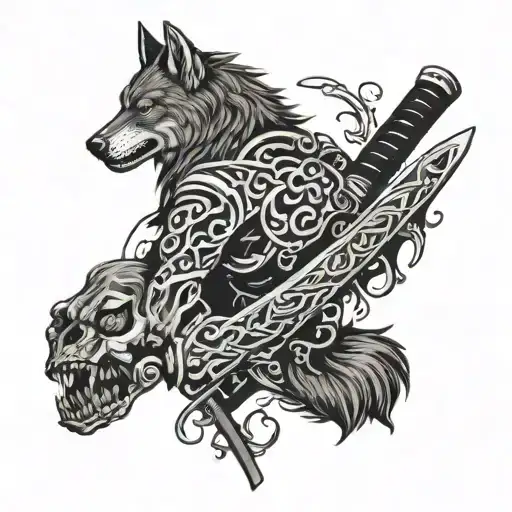 The Ancient Black Katana Sword On The Back Of The Zombie Wolf