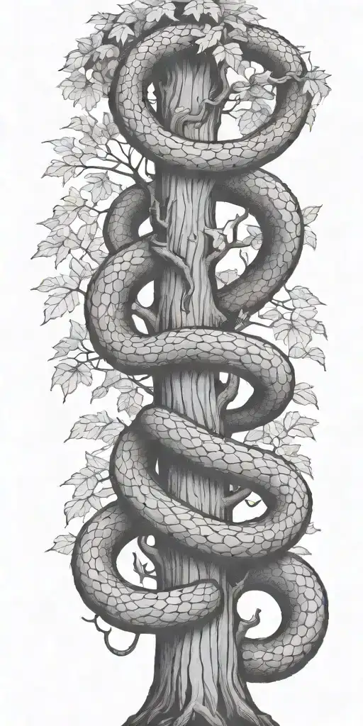 Tree Trunk With Cobra Coiling Around It With Maple Leaves