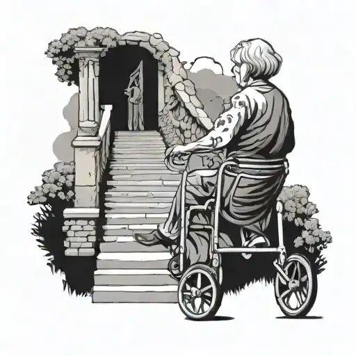 Elderly Woman With A Folding Walker Entering In The Heaven Stairway