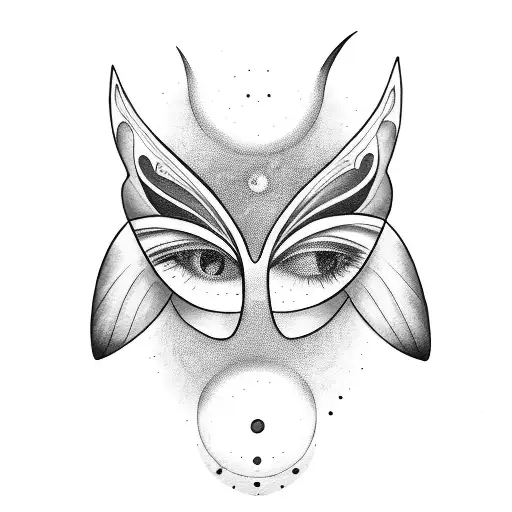 Woman Face Masked With A Lunar Moth Like A Mask With A Crescent Moon Over Her