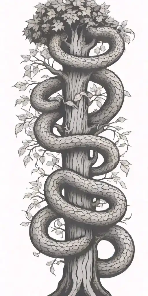 Tree Trunk With Cobra Coiling Around It With Leaves