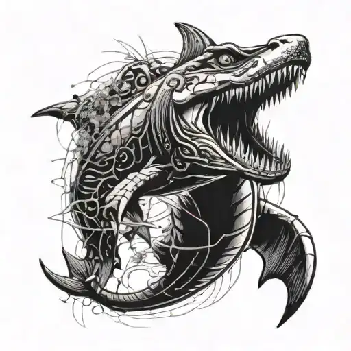 A Futuristic Cyberpunk-inspired Mosasaur Swimming Through A Digital Ocean