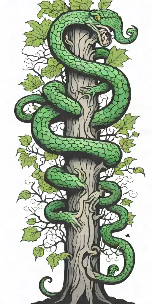 Tree Trunk With Cobra Coiling Around It With Green Maple Leaves With Color