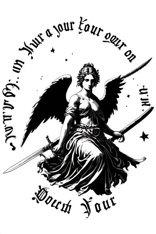 I Want A An Angel Holding A Sword And The Words Around It Saying Your On Your Own