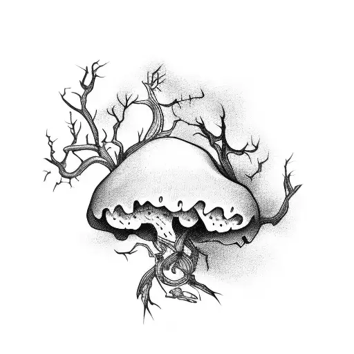 A Hauntingly Beautiful Vine Twisting Around A Collection Of Eerie Mushrooms