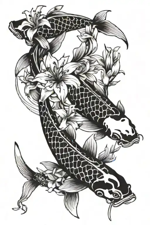 Koi Fish And Spider Lilies Intertwined