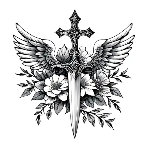 Dagger Cross With Wings And Flowers