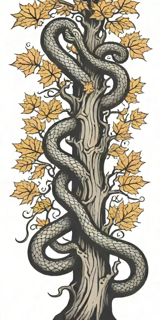 Tree Trunk With Cobra Coiling Around It With Maple Leaves