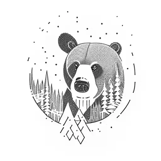 A Blackwork Tattoo Of A Bear Catching A Fish In A River Surrounded By Nature