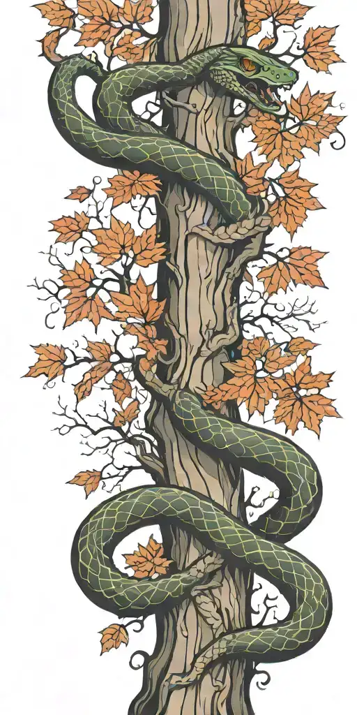 Tree Trunk With Olive Green Cobra Coiling Around It With Red Maple Leaves With Color