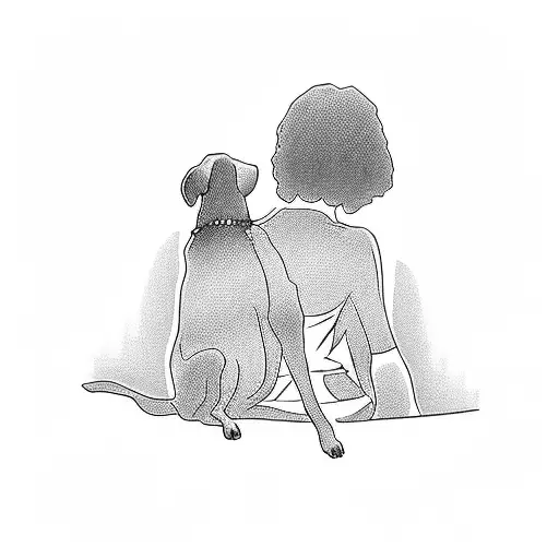Silhouette From Behind Of A Women Sitting With Her Dog Looking At The Mountains