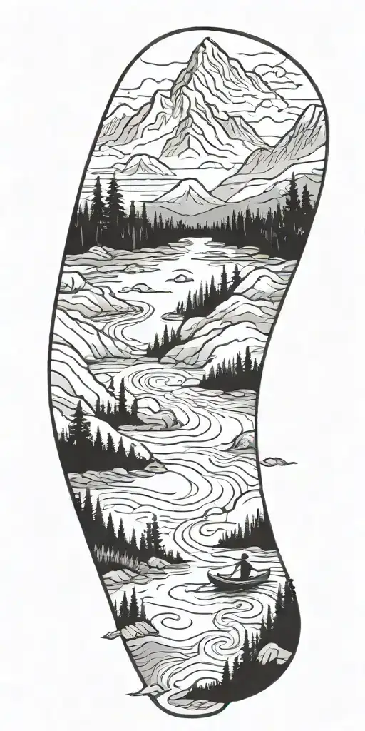 A Mountain Landscape With A Winding River And A Kayaker Navigating The Rapids