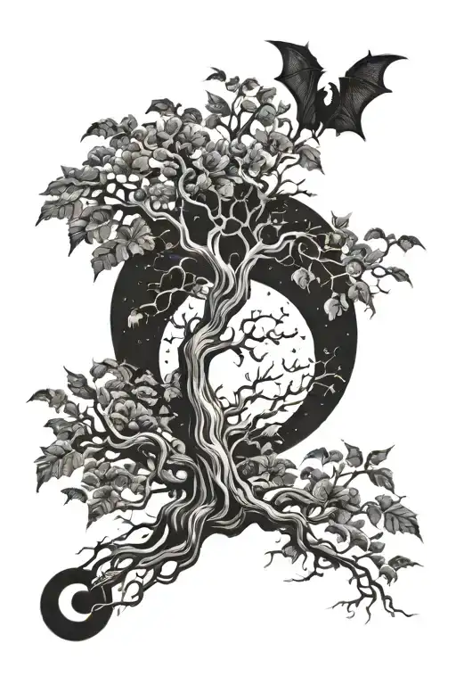 Posion Tree With A Moon And Bats Behind It From Top Right