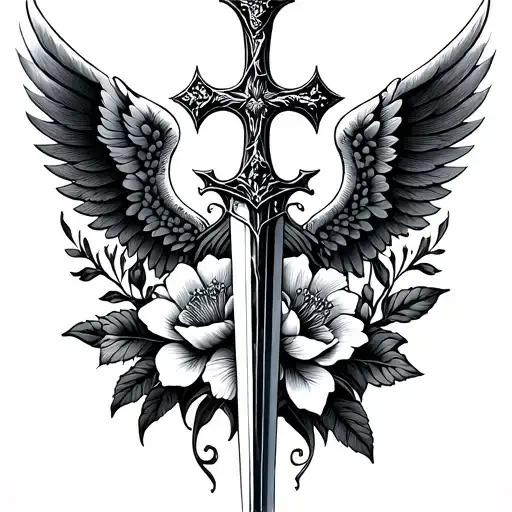 Dagger Cross With Wings And Flowers Intertwined