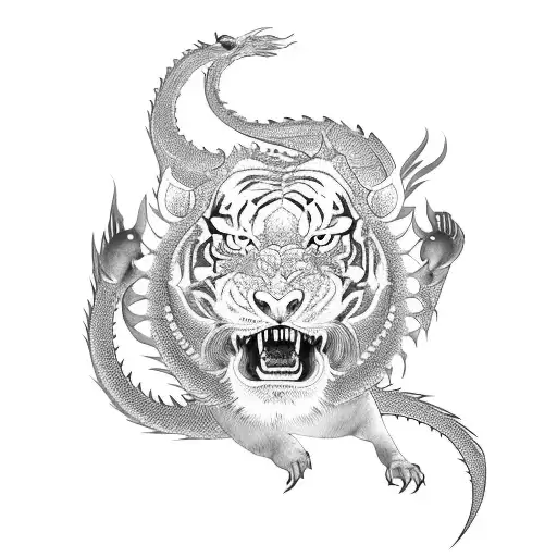 Asian Dragon And Yellow Tiger