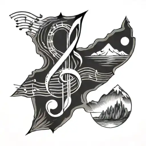 A Tattoo Design Combining Musical Notes With Mountain Landscapes