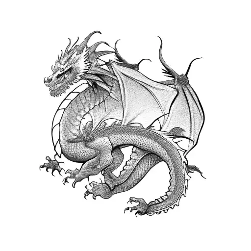 A Dragon Dancing Gracefully In A Blackwork Style