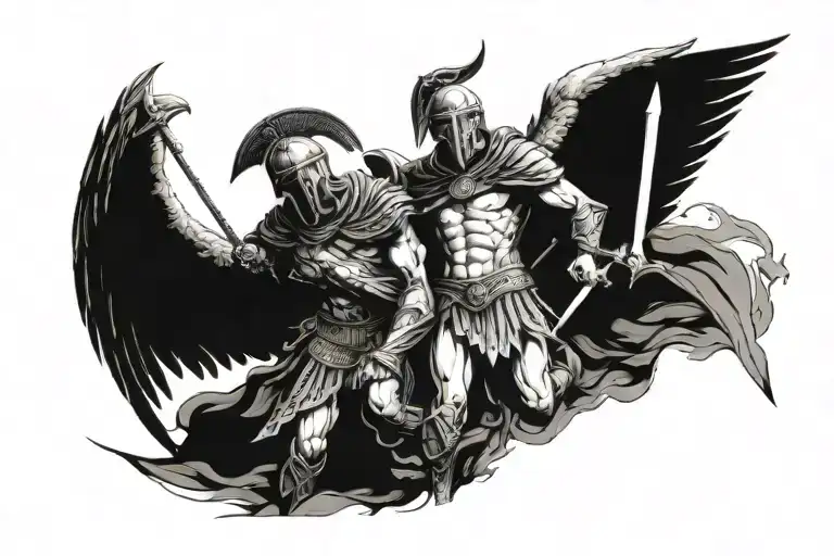 Make A Tatto With One Spartan Warrior Looking At Right And An Angel Looking Left