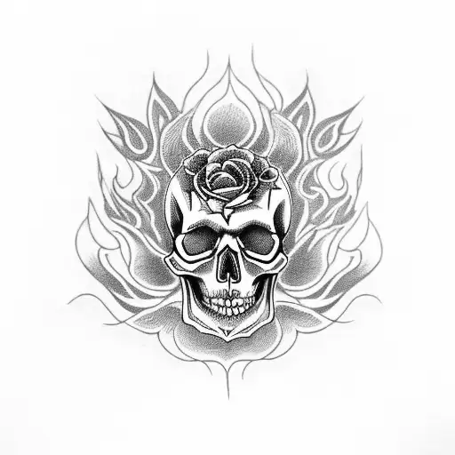 Skull With Roses And Flames Aroudn It With A Owl Head