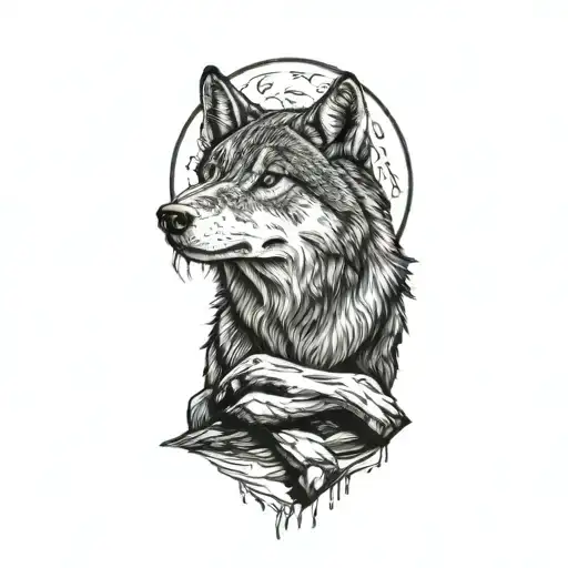 Wolf Sitting And Looking To The Moon Behind His Head