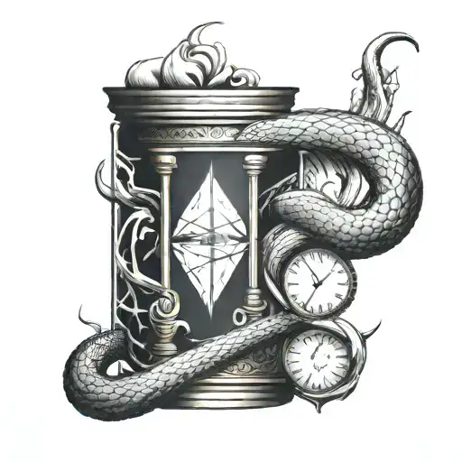Snake Surrounding An Hourglass And A Thunder Tattoo Around Forearm