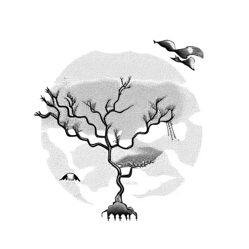 An Ocean Scene With A Skeletal Tree And A Panda Reaching Towards The Sky