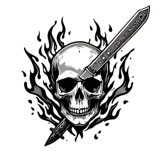 Skull And Knife With Fire Flames Surrounding
