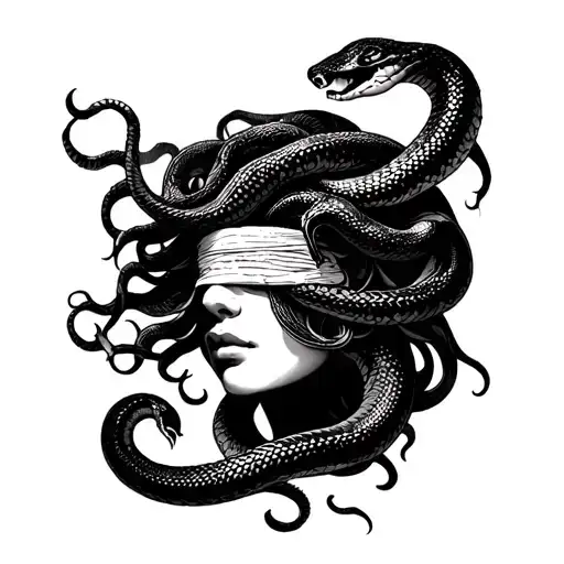 Medusa And Snakes Facing Forward Blindfolded